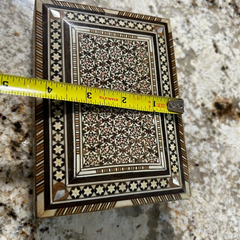 Vintage Inlaid Marquetry Wooden Jewelry Box Mosaic Mother of Pearl Geometric
